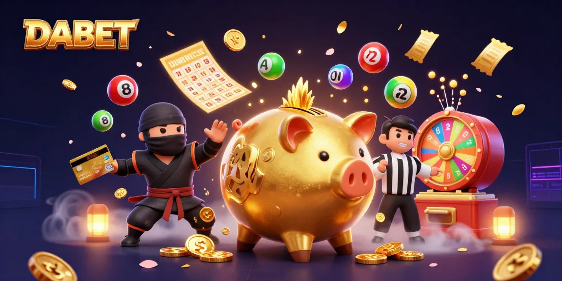 DABET offers thrilling betting experiences with a dynamic 3D scene featuring a golden piggy bank sumo wrestler, a wallet-ninja, and colorful game elements.