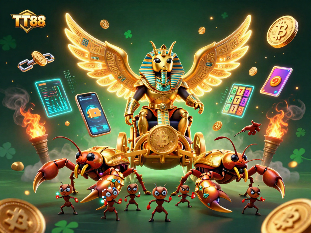Experience thrilling gameplay at TT88 with a vibrant casino scene featuring golden scarab characters.