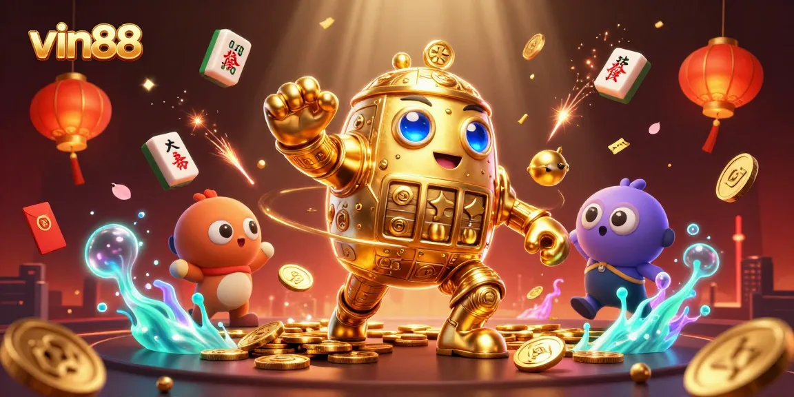 Experience thrilling gaming action with vin88's vibrant 3D casino illustration featuring iconic symbols and characters.