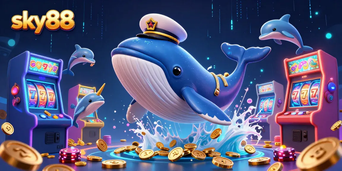 Experience exciting gaming action with sky88 as a cartoon whale and friends celebrate a jackpot.