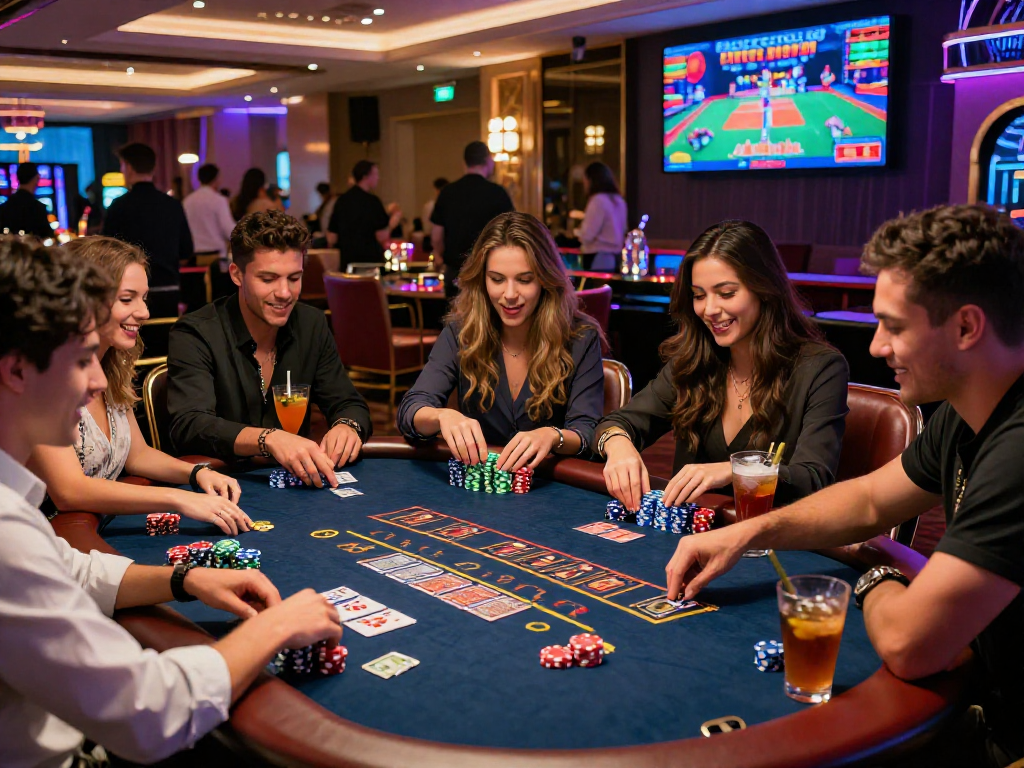 Friends enjoying a thrilling game night at vin88 casino, vibrant atmosphere with drinks and excitement.