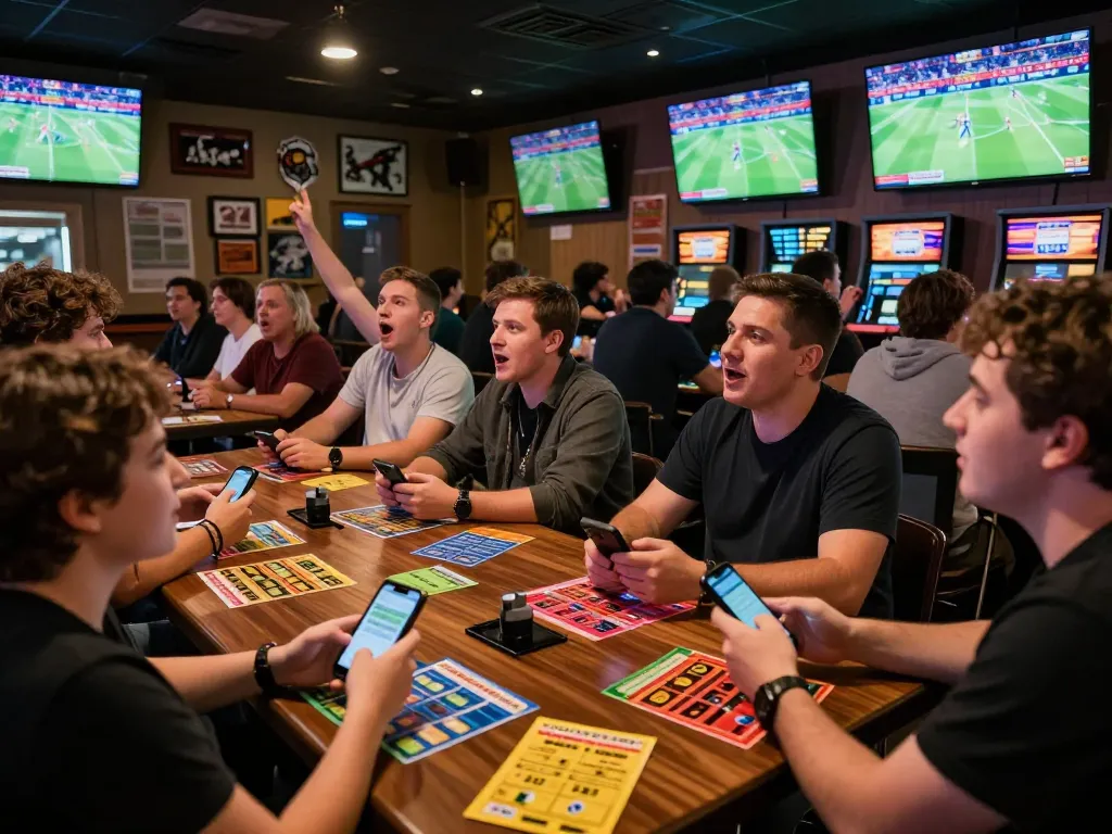Enhance your betting experience at https://33cc.info/ with lively patrons cheering in a sports betting bar.