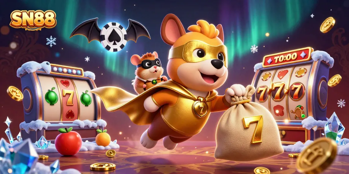 Join the excitement at SN88 with the superhero dog and hamster amidst slot machines and jackpot symbols