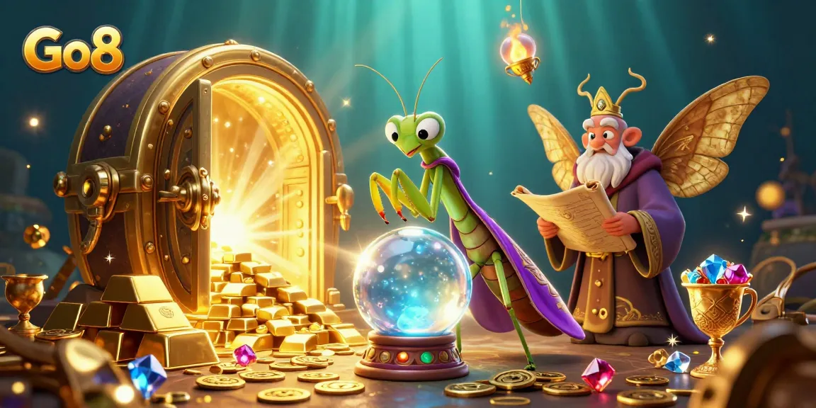 Players engage with Go8's thrilling casino games in a vibrant fantasy setup filled with treasures.