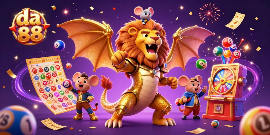 Engage with da 88 in a vibrant casino scene featuring dynamic lottery elements and a triumphant chimera.