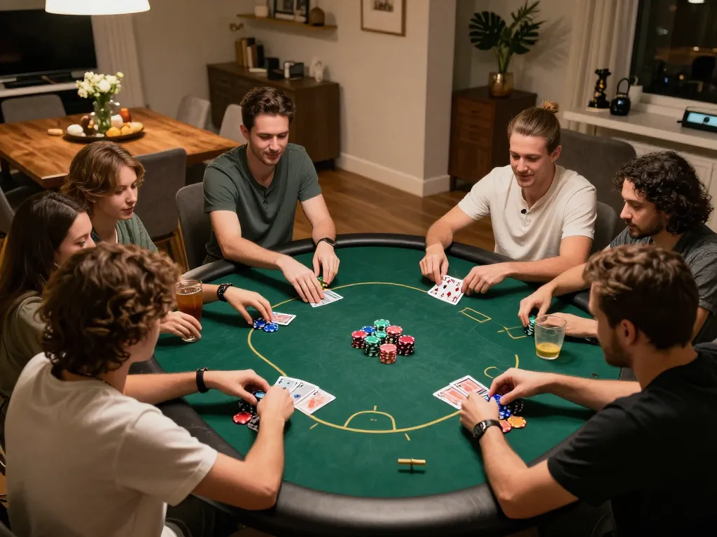 Friends enjoying poker night while playing at home with 199 win strategies in action.