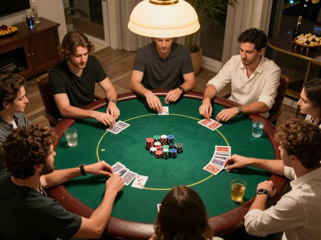40WIN players enjoying a Texas Hold'em game at home, showcasing chips and cards in vibrant atmosphere.
