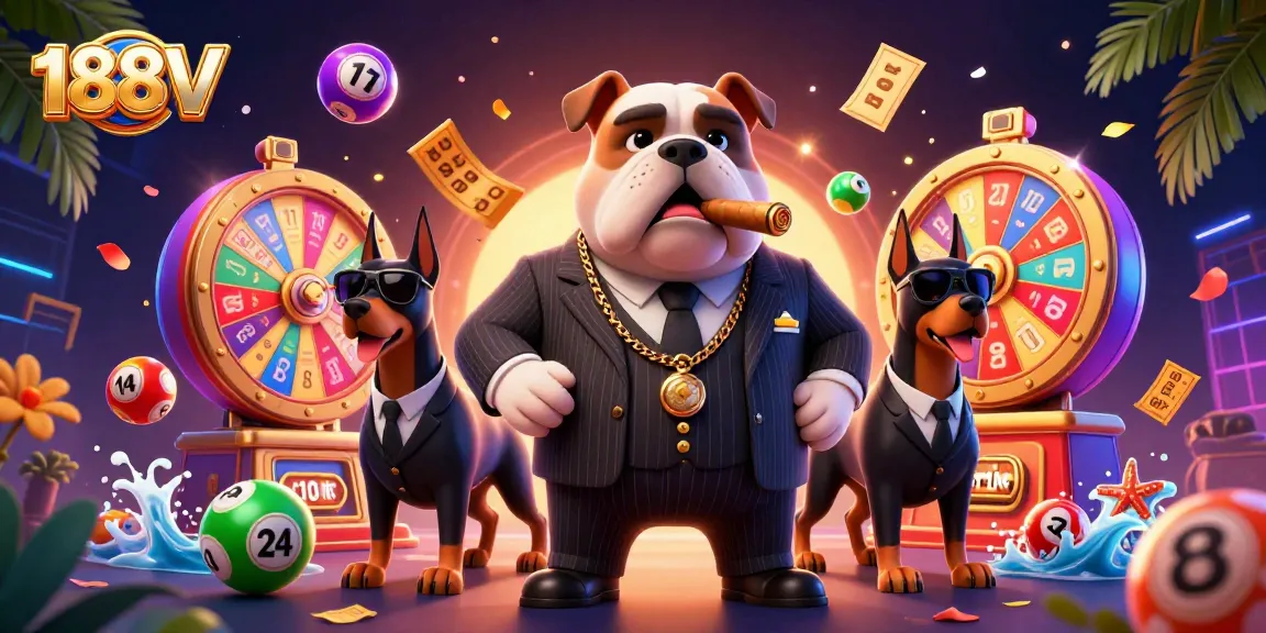 Experience the excitement of 188V with vibrant lottery elements and a mafia-themed illustration.