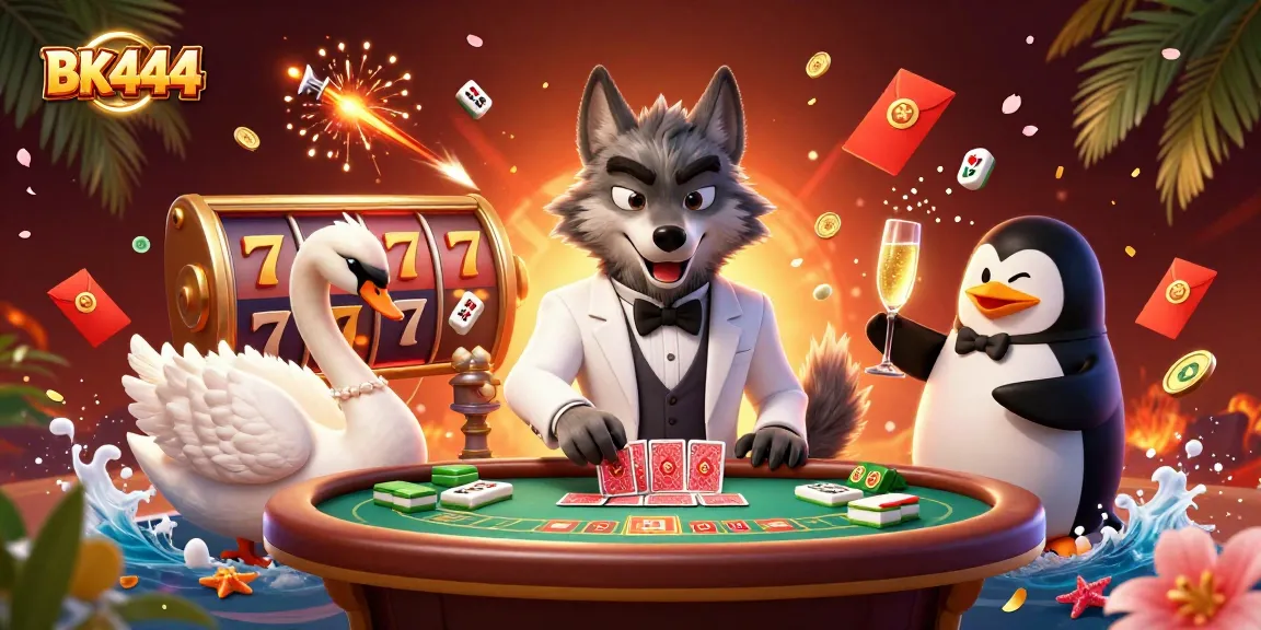 Engage with BK444’s vibrant casino scene featuring a wolf, swan, and penguin amidst dynamic game elements.