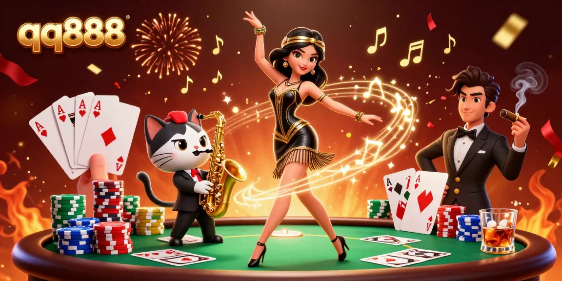 Experimente a emoção no cassino qq888 com elementos vibrantes de pôquer e festividades.