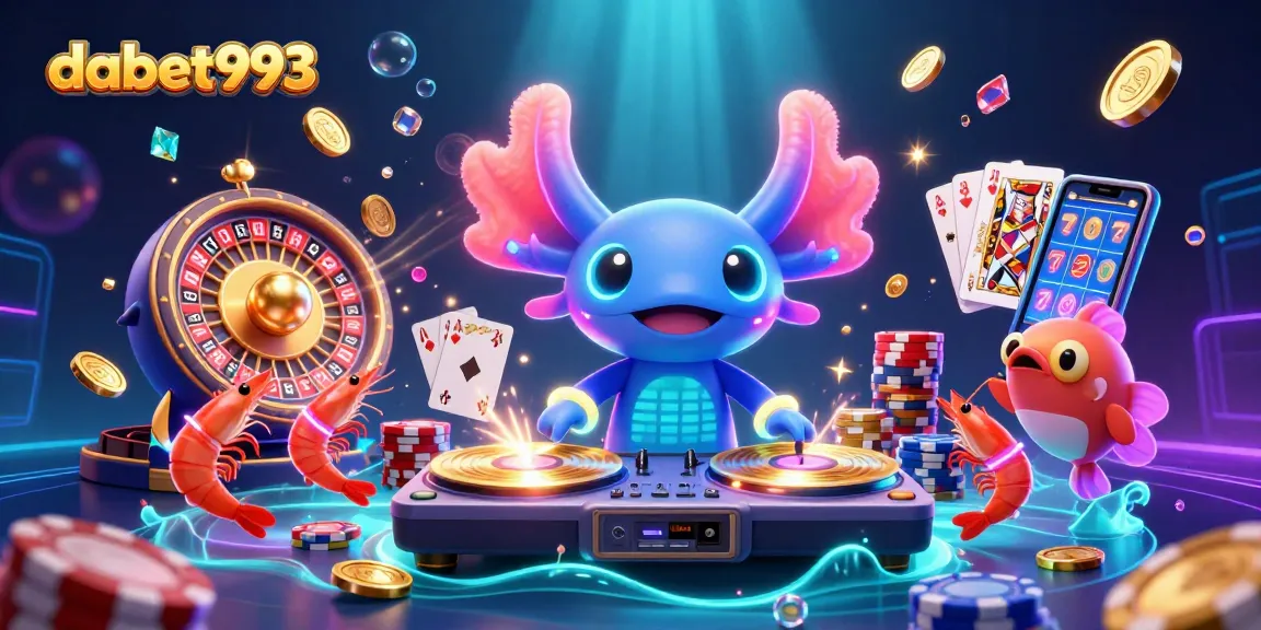 Dabet993 players engage in slots and table games while vibrant casino characters energize the scene.