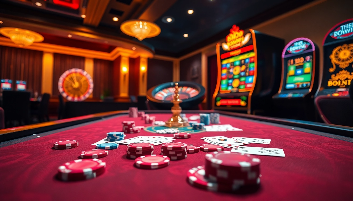 Engage in thrilling casino games with bomwin, as vibrant poker chips and a roulette wheel create excitement.