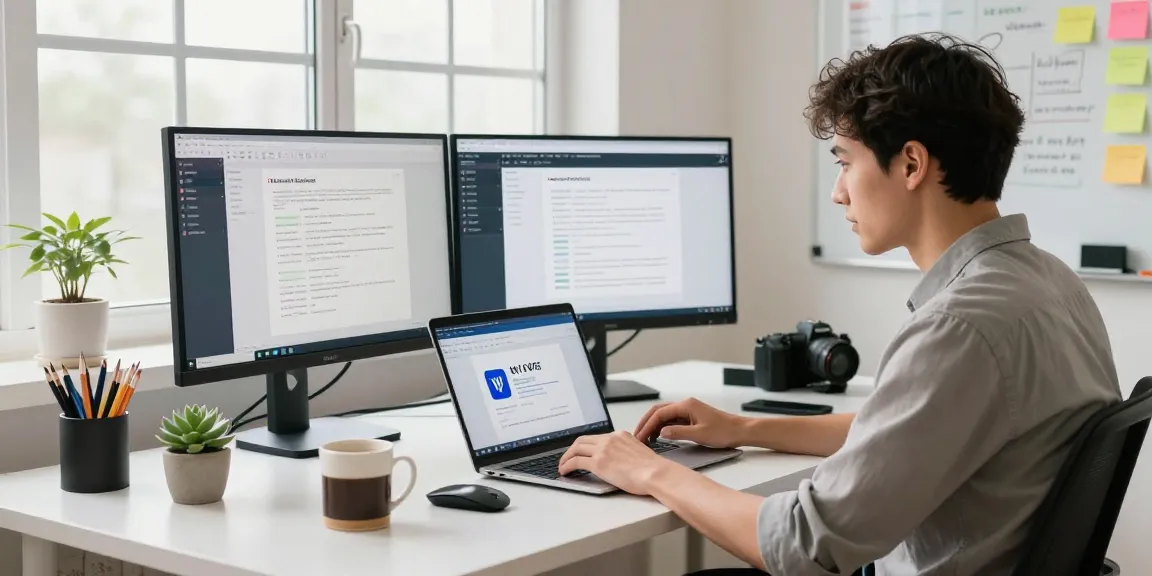 Download WPS Office on laptop in modern workspace with tech tools.