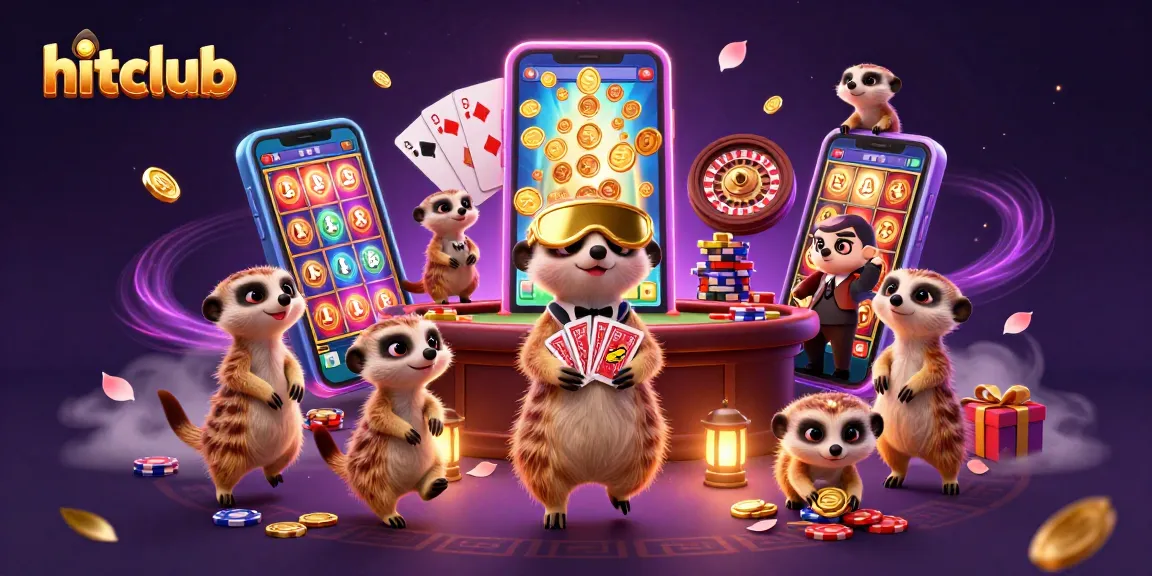 Experience the excitement of hitclub's casino with meerkats managing games, spinning reels, and winning chips.