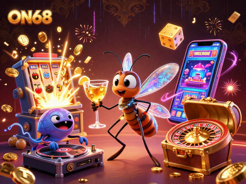 Experience excitement with ON68’s immersive gaming elements and dynamic characters in this vibrant casino scene.
