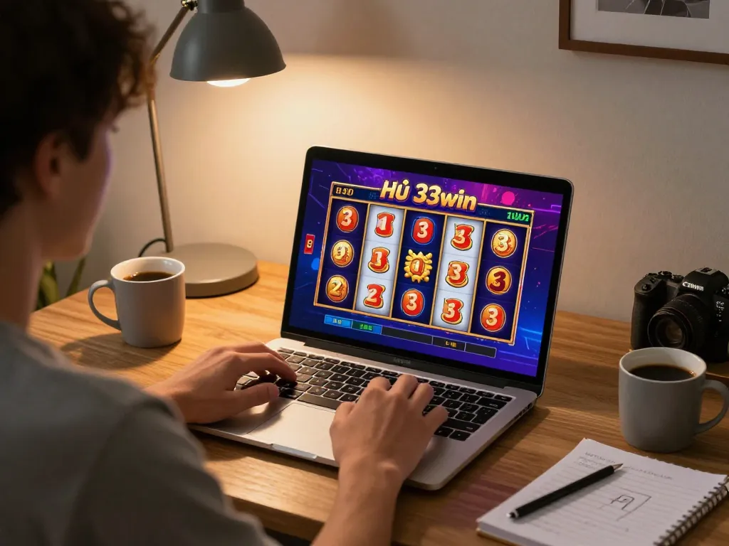 Engaging in nổ hũ 33win online gaming with colorful slot visuals.