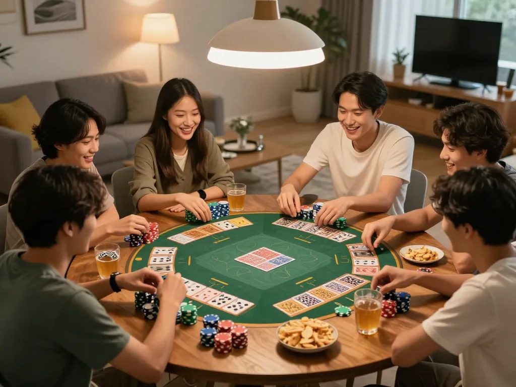Enjoying game bài đổi thưởng at home with friends, cards and chips creating excitement.