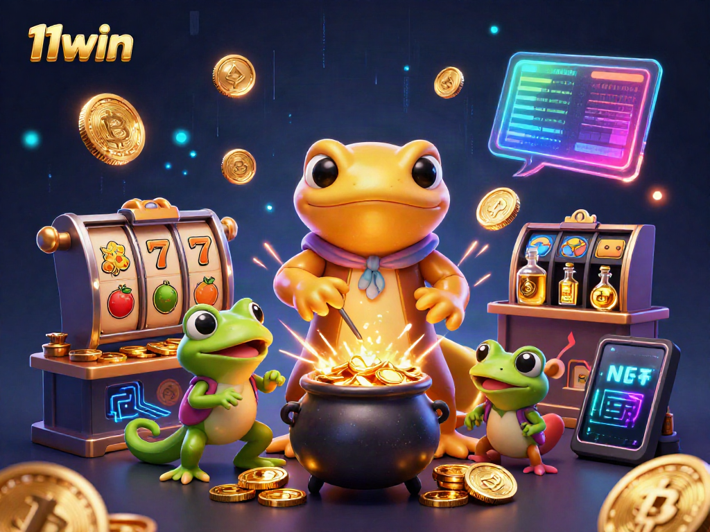 Engage in thrilling gameplay at 11win with a vibrant scene of alchemists and glowing slot elements.