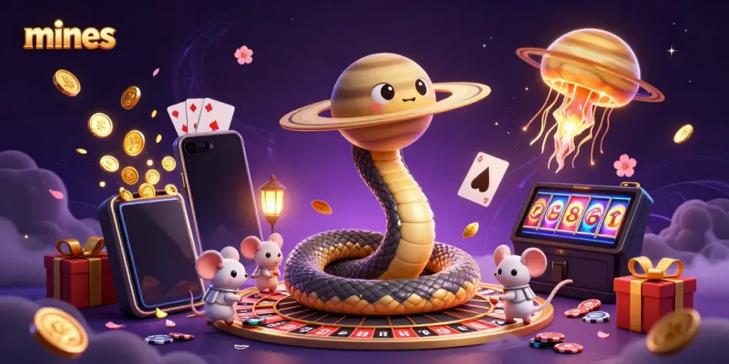 Play the Mines game with tiny astronaut mice betting on a cosmic roulette scene featuring a Saturn ring snake.