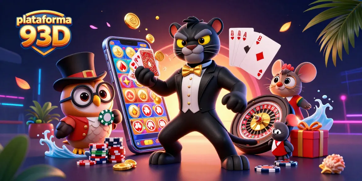 Jogue com a plataforma 93D em uma rica ilustração 3D, com personagens e jogos de cassino.