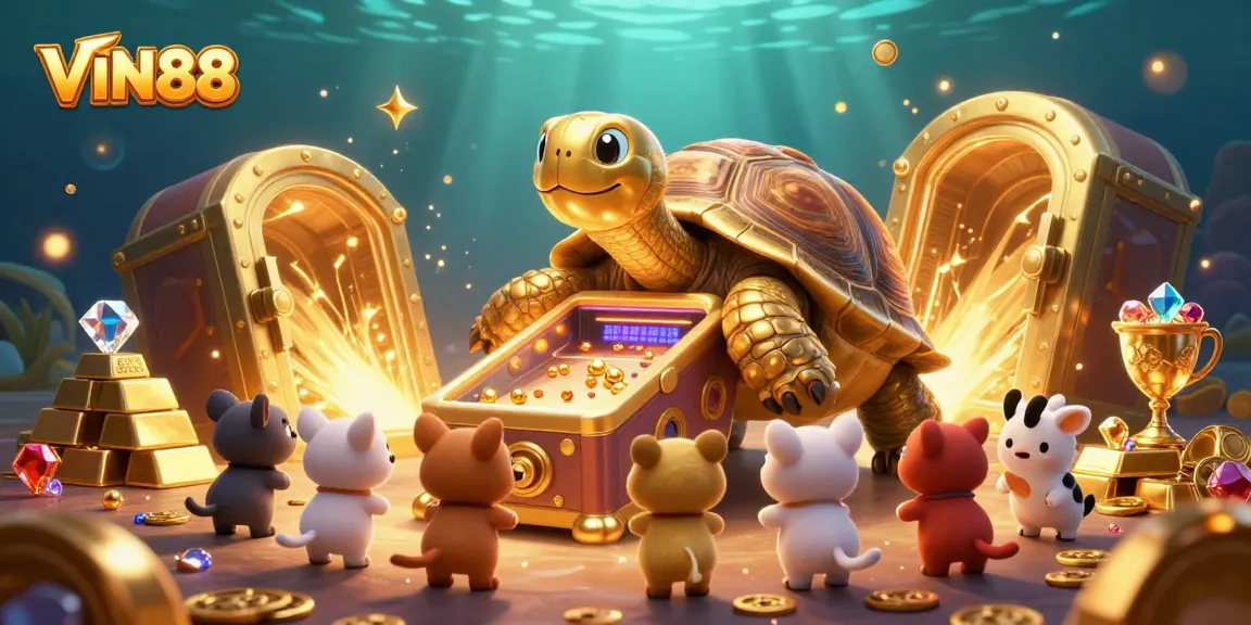 Engage with the vibrant VIN88 gaming scene featuring a colossal golden tortoise pinball machine amidst treasures.