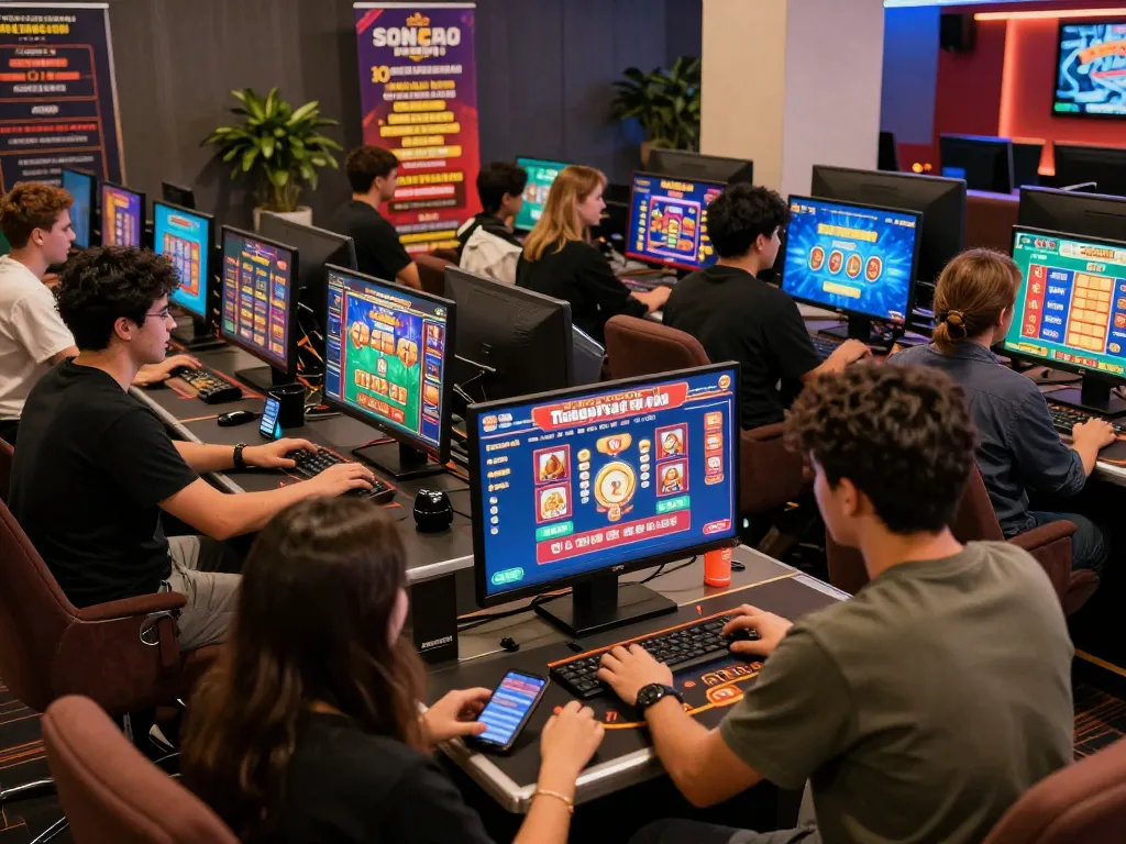 Exciting online gaming experience at 12bet brasil, featuring diverse players enjoying themed slots and table games.