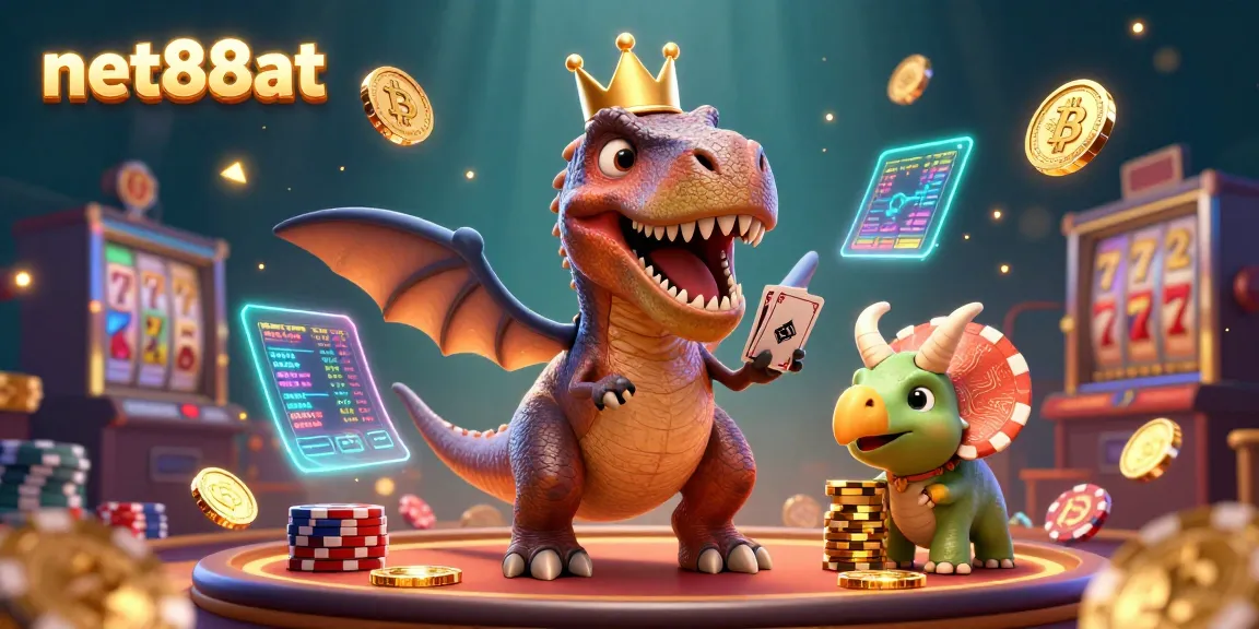 Engage with net88at in a vibrant casino scene featuring cartoon dinosaurs participating in fun gambling activities.