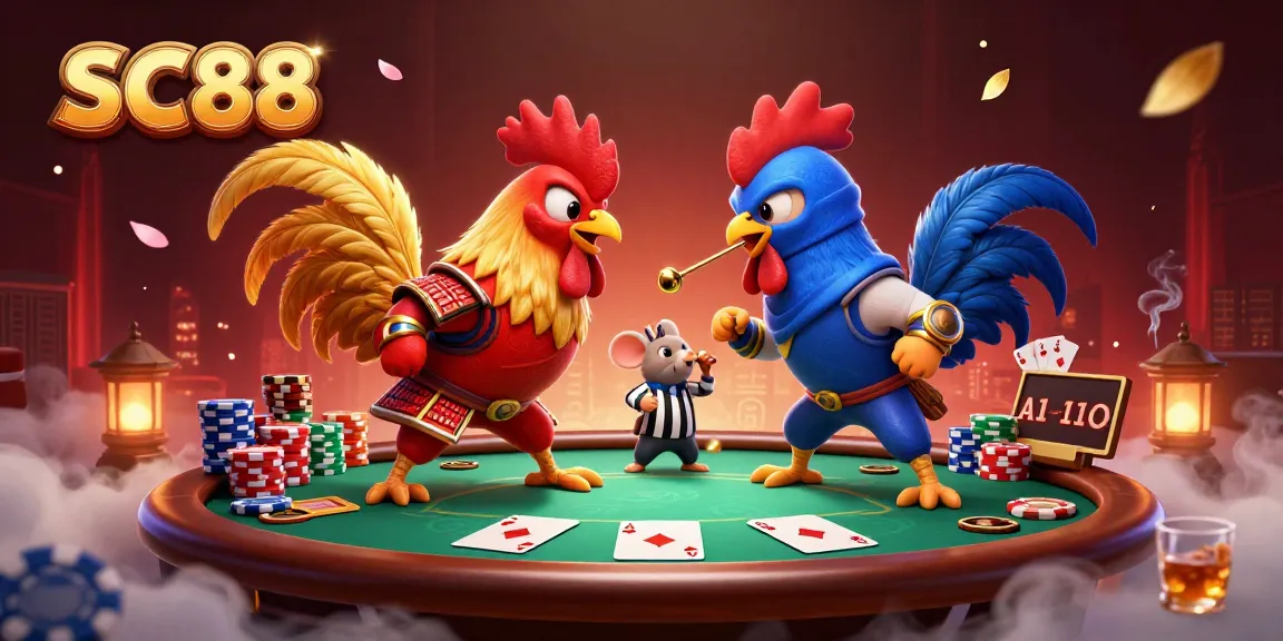SC88 fighting roosters in a dynamic poker battle with vibrant casino elements.