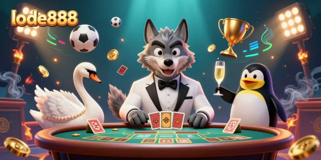 Engage with lode888 featuring a debonair wolf and elegant swan in a vibrant baccarat scene.