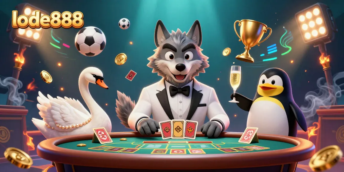 Engage with lode888 featuring a debonair wolf and elegant swan in a vibrant baccarat scene.