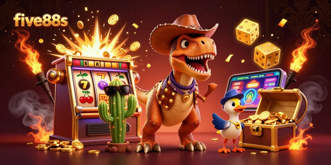 Spin the reels at five88s as a T-Rex cowboy celebrates a jackpot explosion in a dynamic casino scene.