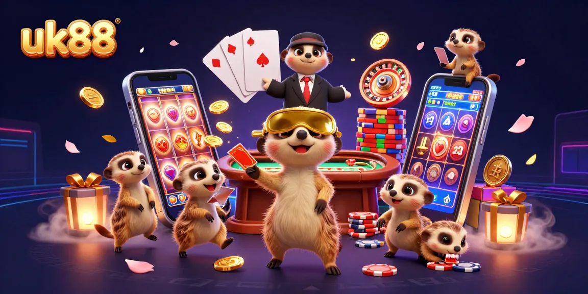 Bet on exciting slot games in the colorful uk88 casino scene with dynamic meerkat characters.