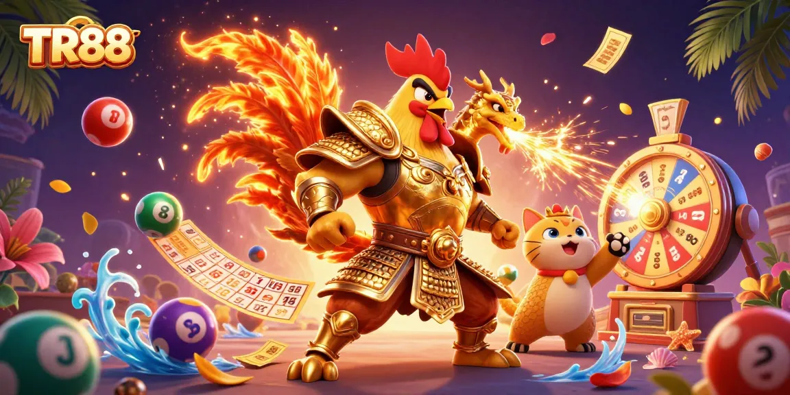 Experience thrilling games at TR88 with a dynamic scene featuring a courageous rooster warrior and more in vibrant colors.
