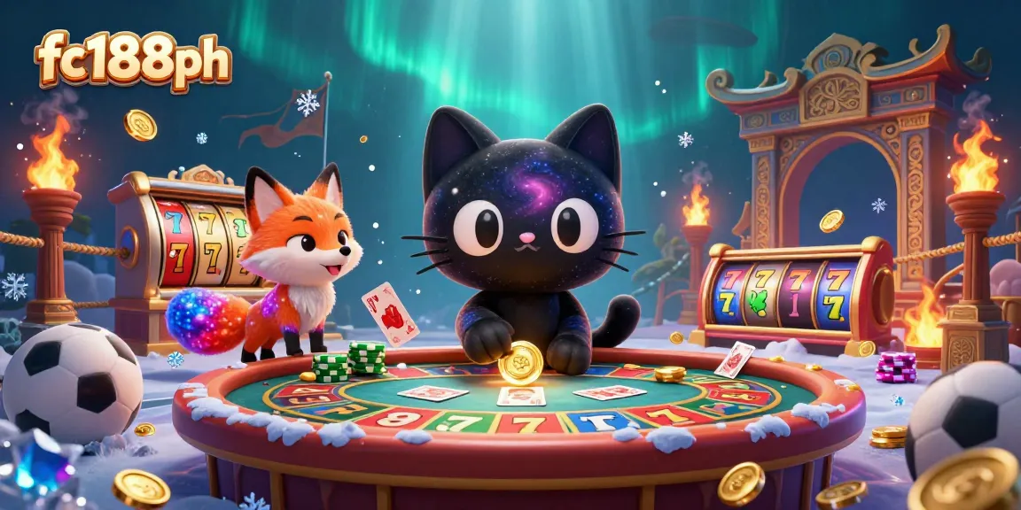 Engage with fc188ph's cosmic casino table featuring a black hole cat and nebula fox, surrounded by vibrant gambling elements.