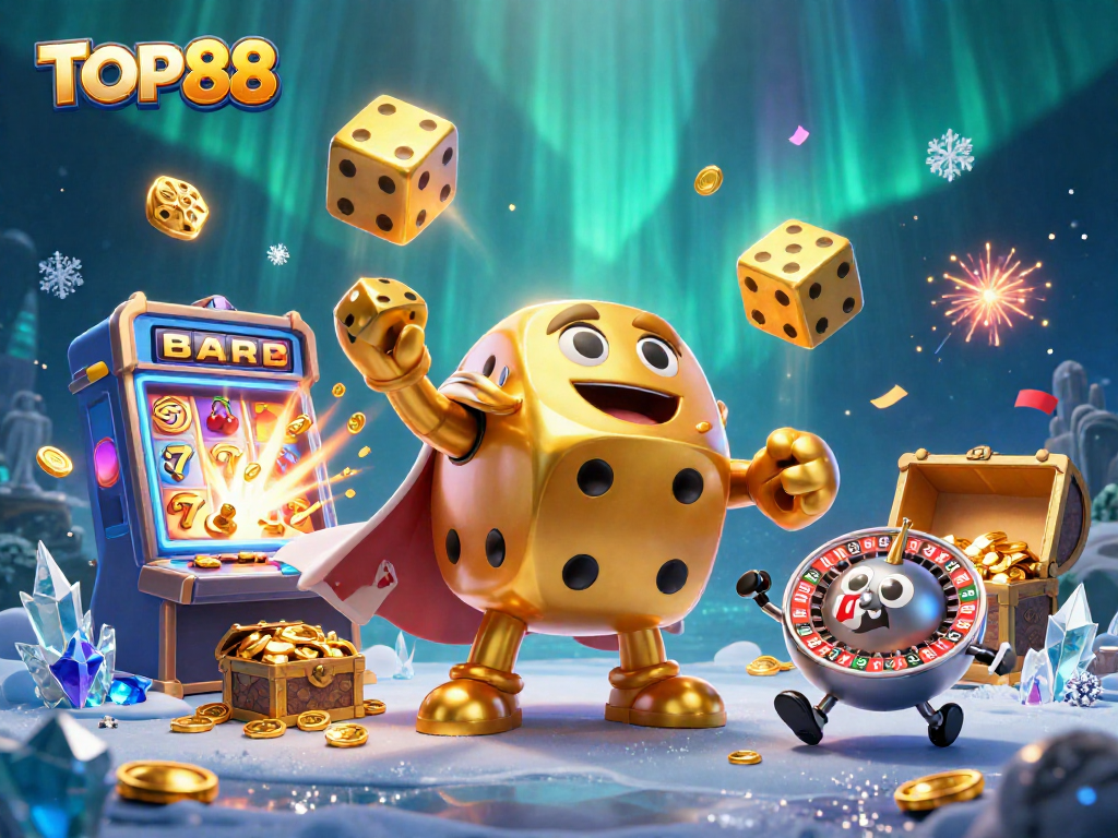 Experience the excitement of TOP88 with a vibrant 3D casino scene filled with colorful game elements.