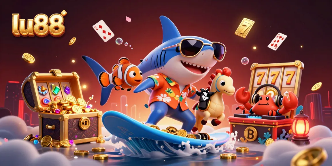 Engage with lu88's vibrant casino experience featuring a shark surfing on gold coins alongside colorful creatures.