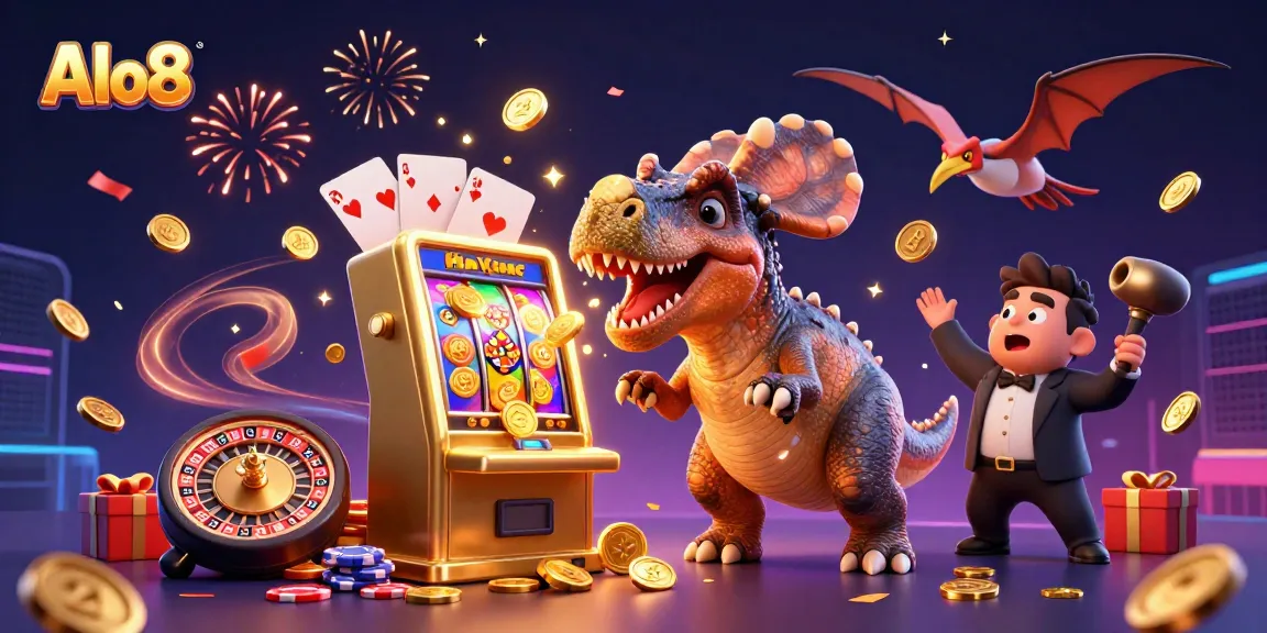 Alo8 captures excitement as cartoon dinosaurs interact with a golden slot machine, engaging players in thrilling jackpot adventures.