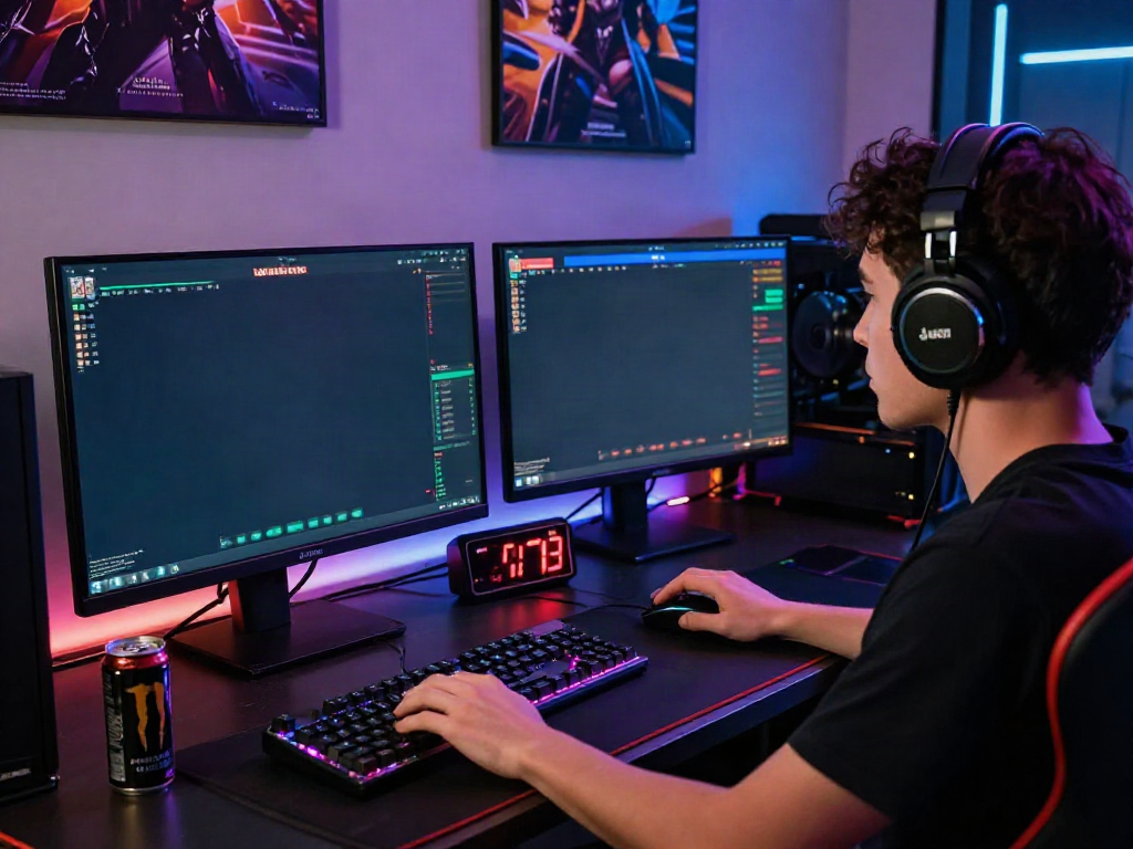 Jogador concentrado em Javatoto com iluminação RGB na mesa, fones de ouvido e tela colorida.