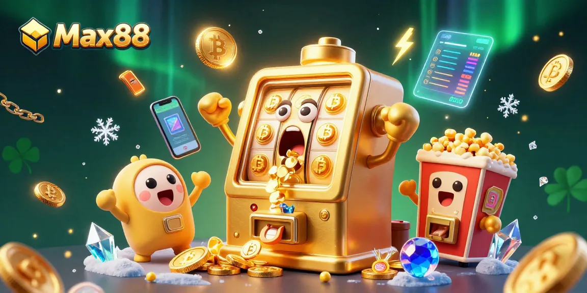 Max88 slot machine celebrating a jackpot with coins and crypto elements in a vivid casino scene.