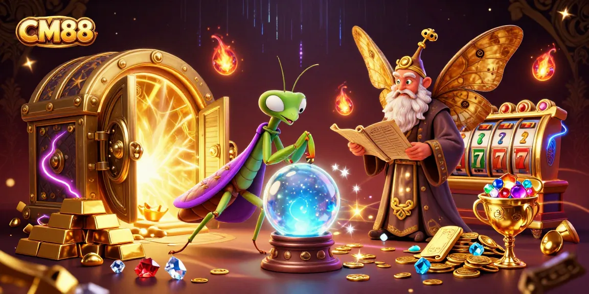 Immerse in the vibrant world of CM88, featuring a fortune teller and treasures amidst immersive casino elements.