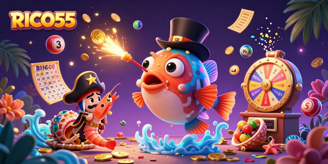 Engage with RICO55 by trying your luck with vibrant casino-themed elements in a captivating underwater scene.