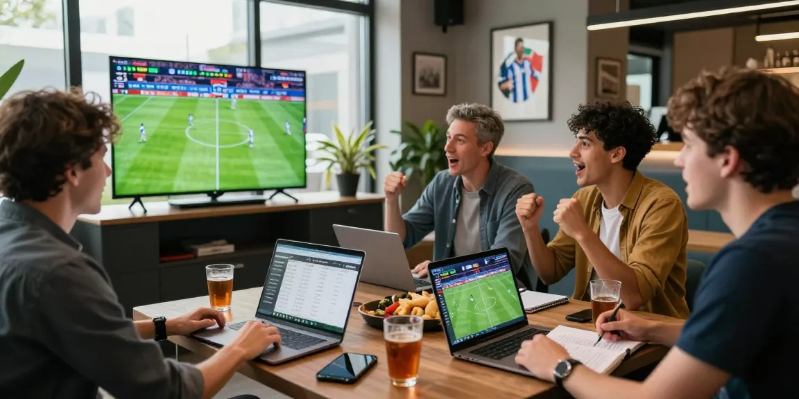 Football fans analyzing betting strategies together while watching live games, featuring nhan dinh keo nha cai.