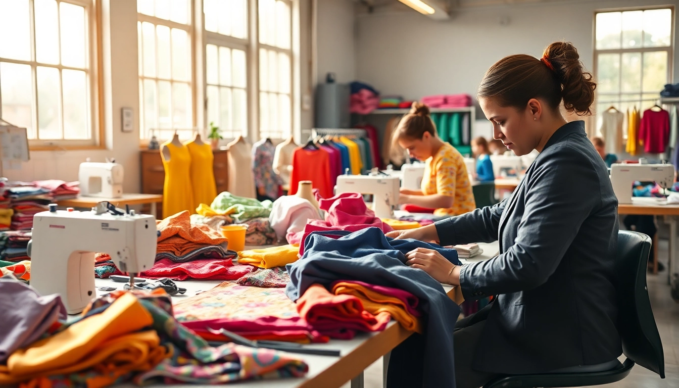 Artisan workspace of an apparel manufacturer featuring vibrant textiles and skilled workers