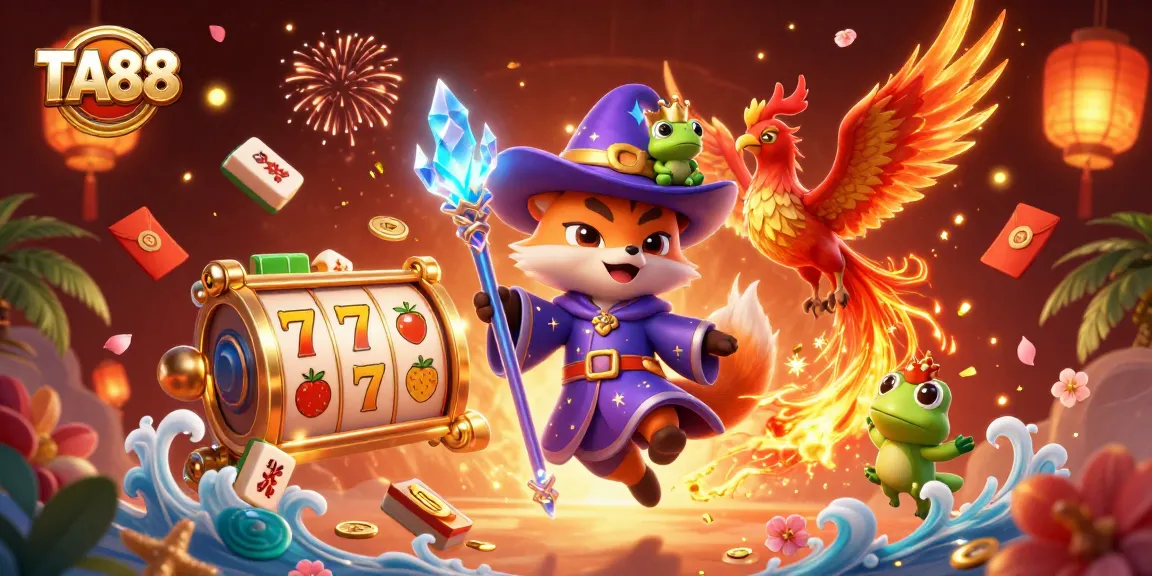 Engage with TA88's dynamic slots scene featuring a wizard fox, phoenix, and vibrant casino elements.