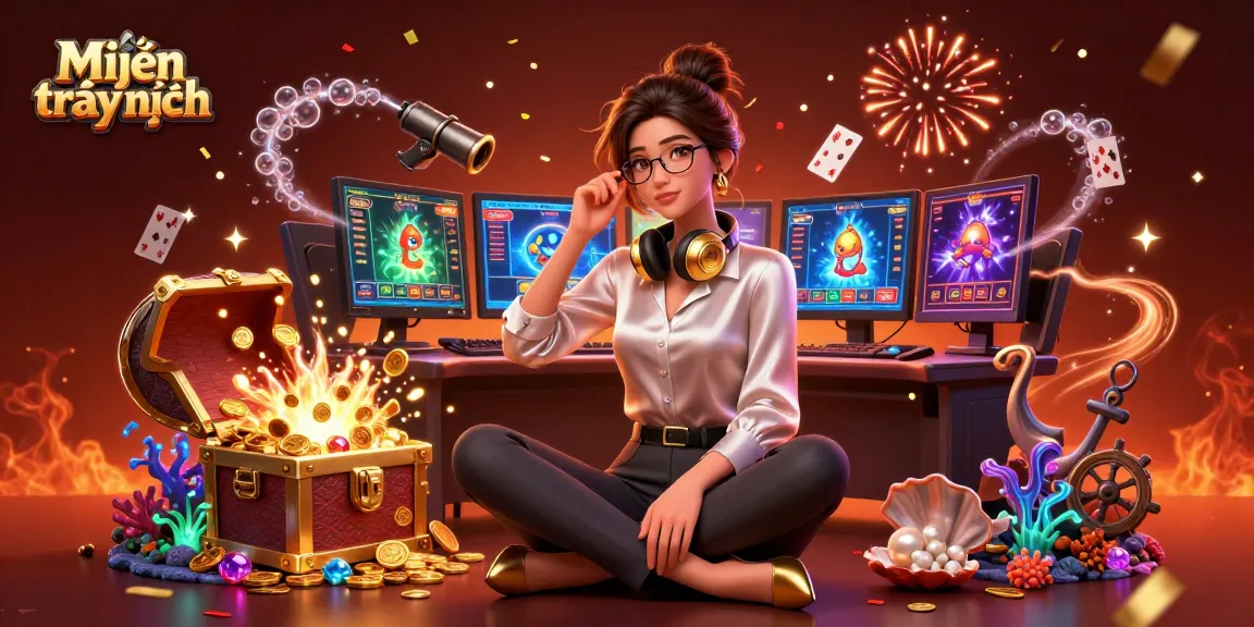 Engaging Miễn trách nhiệm themed 3D illustration showcasing Asian woman gaming, surrounded by floating casino elements.