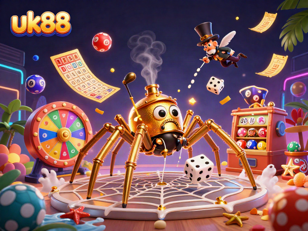 Engage with uk88's vibrant casino world featuring a dynamic scene with a 3D golden spider, lottery elements, and gaming excitement.