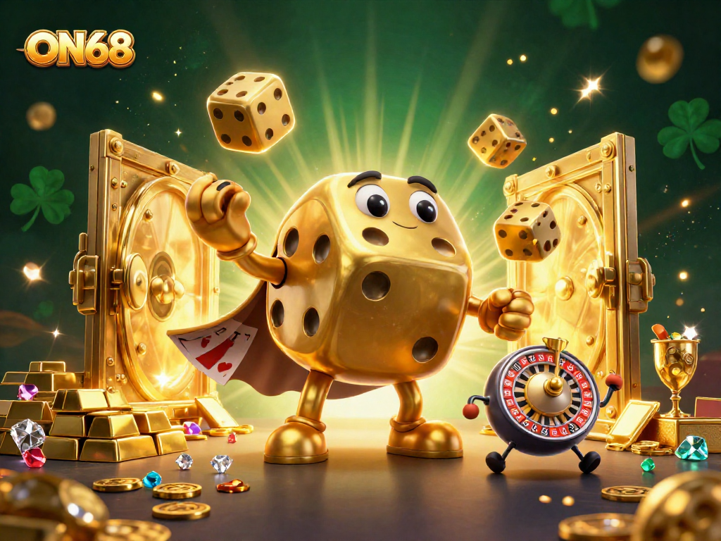 Experience the thrill of ON68 with golden dice, jewels, and casino elements.