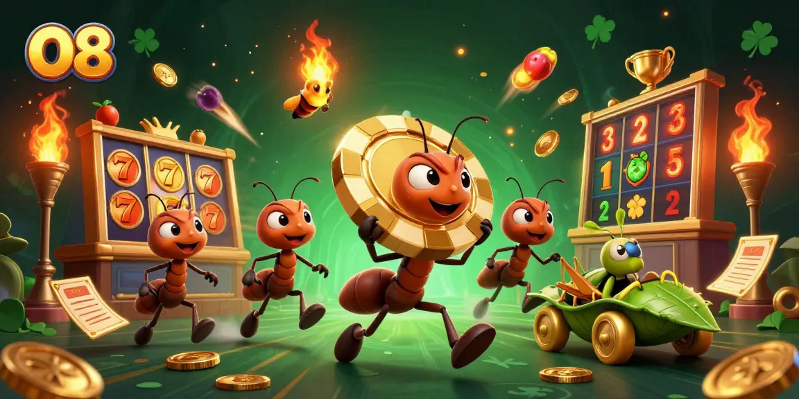 O8 offers thrilling slot adventures with animated ants hustling golden chips in a lively casino scene.