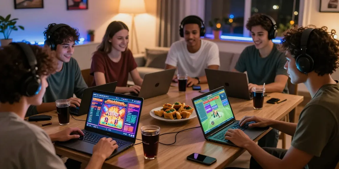 Friends enjoying nbet gaming experience in a vibrant living room atmosphere.