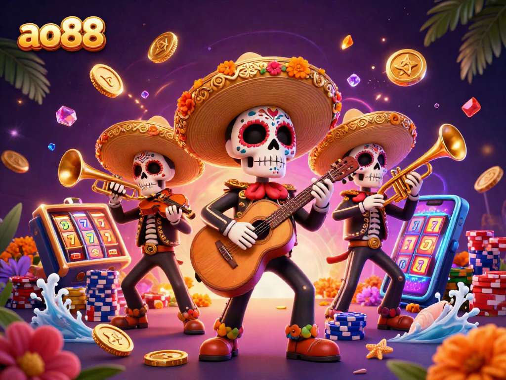 Engage with ao88's vibrant casino scene featuring animated skeleton mariachi characters amidst playful gambling elements.